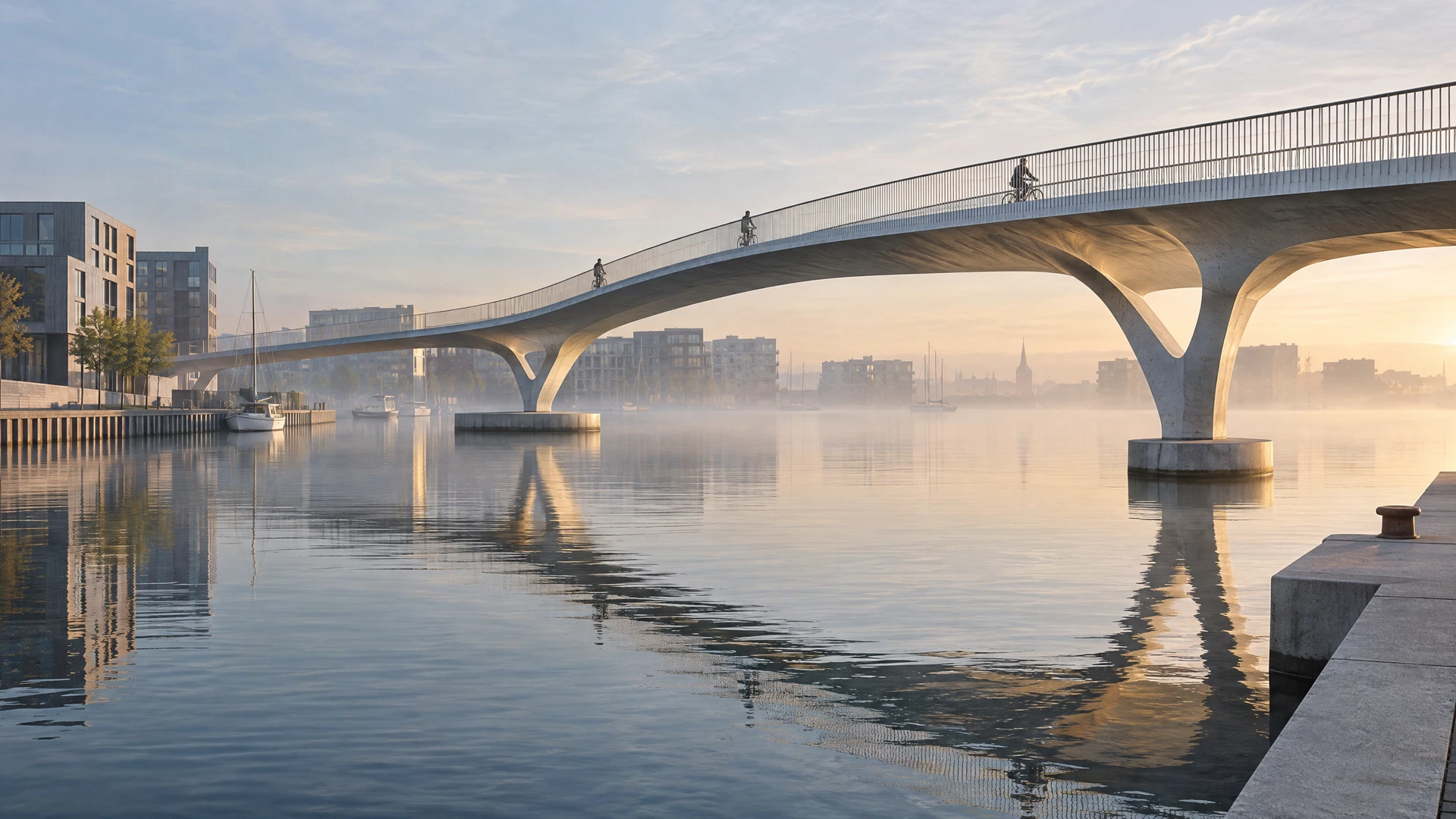 Pedestrian and cycling bridge curving over a quiet Danish harbour